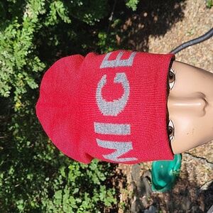 Christmas knit skull cap, toboggan hat, naughty, nice, very warm